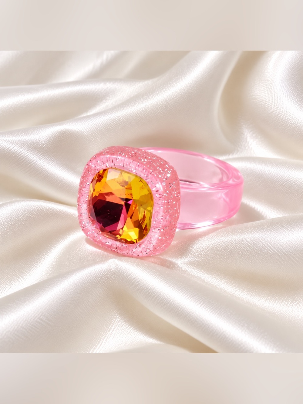 Blush Pink & Gold Crystal Chunky Resin Ring Glitter Statement Ring 8 New